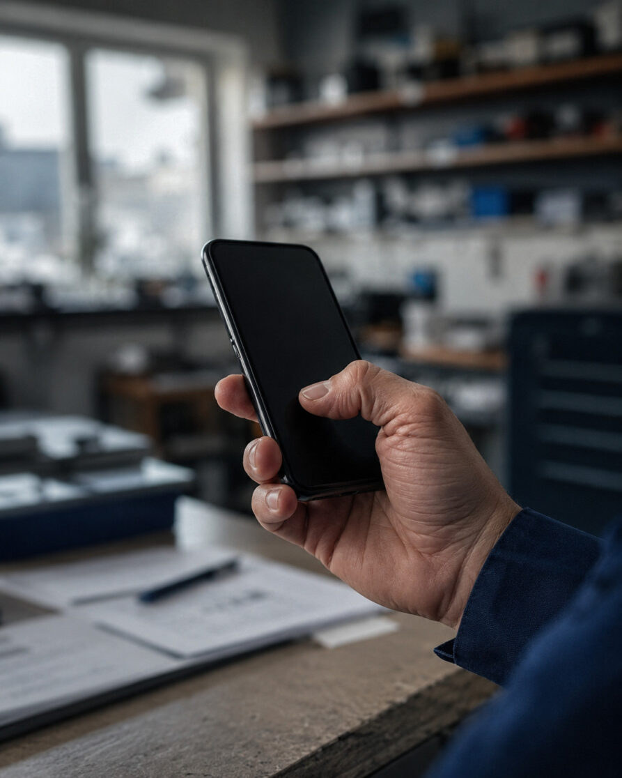 Hand am Telefon, Betrieb im unscharfen Hintergrund