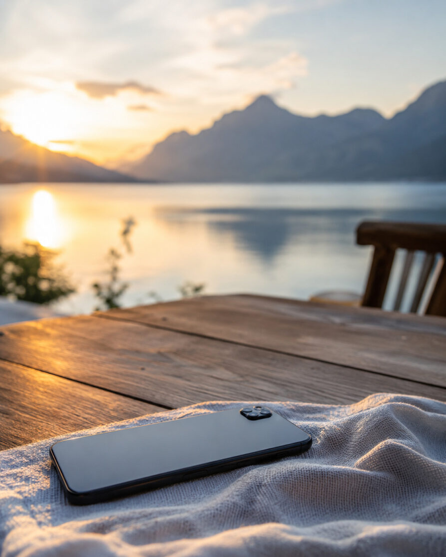 Ruhige Ferienszene, Handy unbenutzt auf dem Tisch