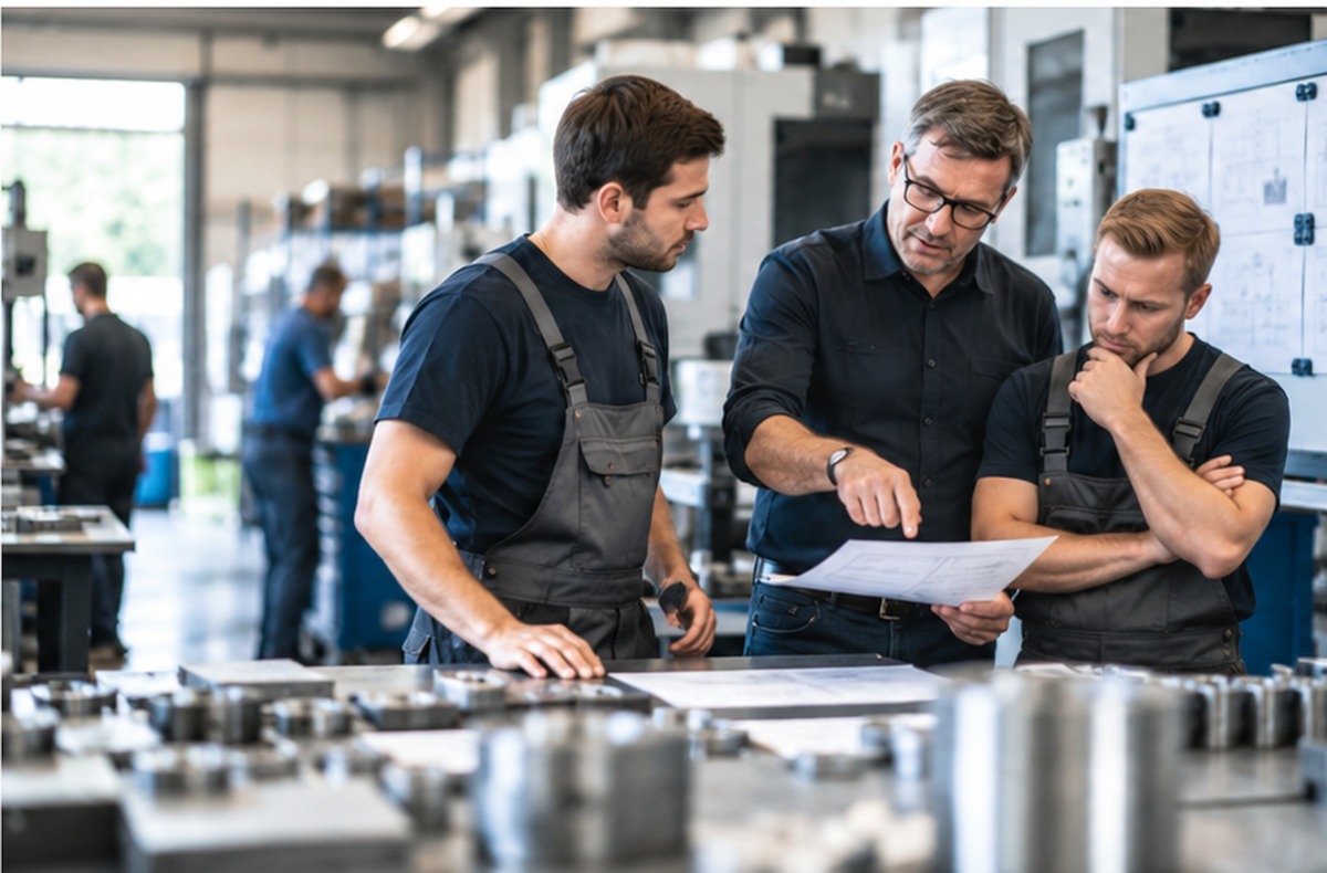 Drei Mitarbeiter in einem Produktionsbetrieb besprechen gemeinsam technische Unterlagen.